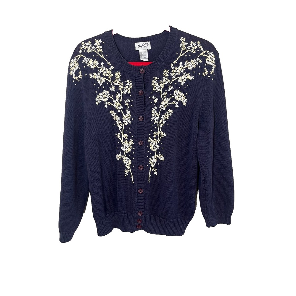 Neutral Floral Knit Embroidered Cardigan Blue S Granny Cottage Boho Preppy Vtg